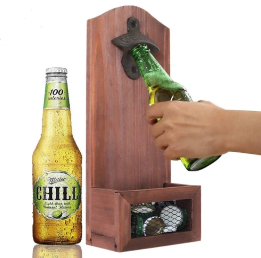 Abridor de botellas de cerveza de madera con organizador